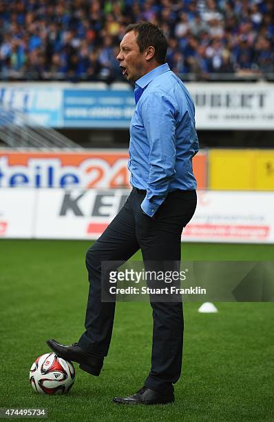 Andre Breitenreiter, head coach of Paderborn looks on during the Bundesliga match between SC Paderborn 07 and VfB Stuttgart at Benteler Arena on May...