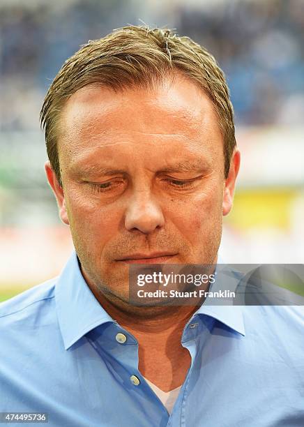 Andre Breitenreiter, head coach of Paderborn looks on during an interview at the Bundesliga match between SC Paderborn 07 and VfB Stuttgart at...