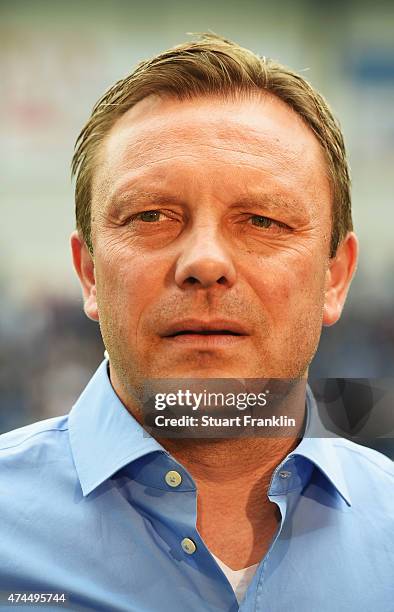 Andre Breitenreiter, head coach of Paderborn looks on during an interview at the Bundesliga match between SC Paderborn 07 and VfB Stuttgart at...