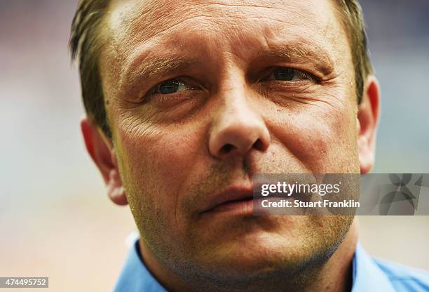 Andre Breitenreiter, head coach of Paderborn looks on during an interview at the Bundesliga match between SC Paderborn 07 and VfB Stuttgart at...