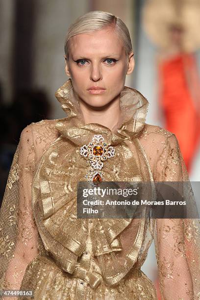 Model walks the runway during the Roccobarocco show as a part of Milan Fashion Week Womenswear Autumn/Winter 2014 on February 23, 2014 in Milan,...