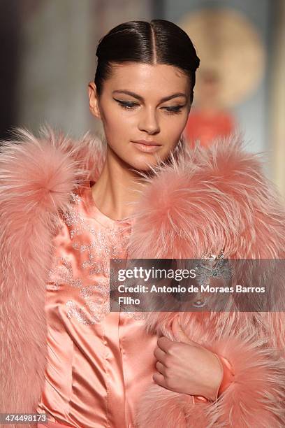 Model walks the runway during the Roccobarocco show as a part of Milan Fashion Week Womenswear Autumn/Winter 2014 on February 23, 2014 in Milan,...