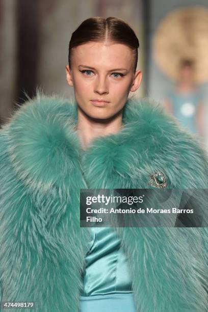 Model walks the runway during the Roccobarocco show as a part of Milan Fashion Week Womenswear Autumn/Winter 2014 on February 23, 2014 in Milan,...