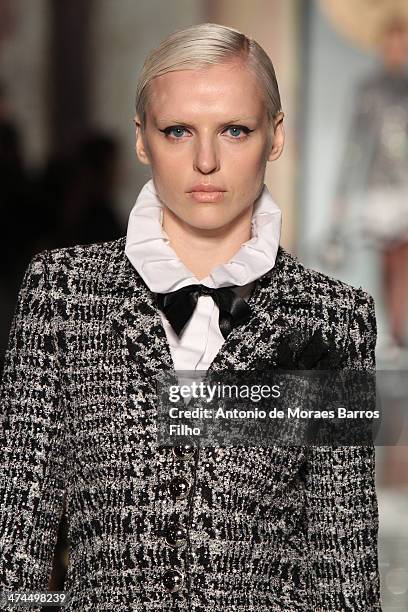 Model walks the runway during the Roccobarocco show as a part of Milan Fashion Week Womenswear Autumn/Winter 2014 on February 23, 2014 in Milan,...