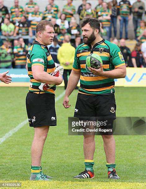 Dylan Hartley the Northampton captain and Alex Corbisiero ook dejected after their defeat during the Aviva Premiership play off semi final match...