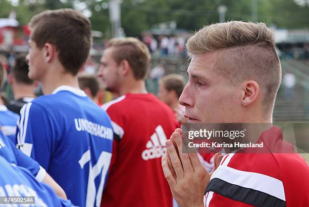 Dominik Widemann of Unterhaching looks dejected after the Third League match between FC Rot Weiss Erfurt and SpVgg Unterhaching at Steigerwaldstadion...