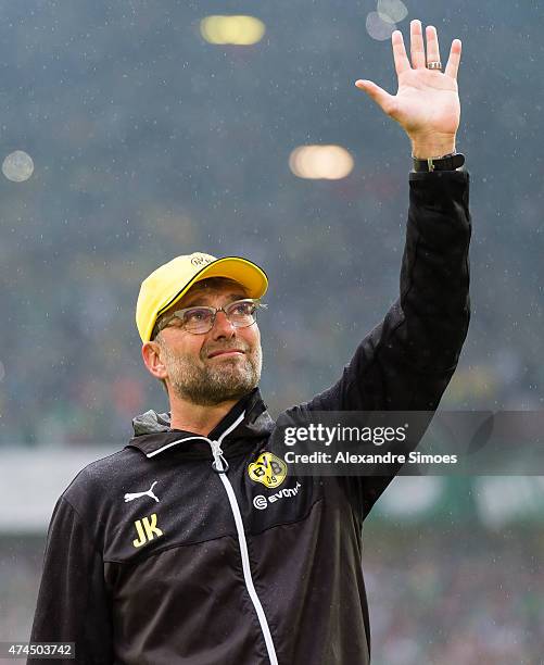 May 23: Head coach Juergen Klopp of Borussia Dortmund is saying goodbye to the fans after the final whistle of his last home match for Borussia...