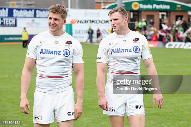 David Strettle and Chris Ashton of Saracens look on during the Aviva Premiership play off semi final match between Northampton Saints and Saracens at...