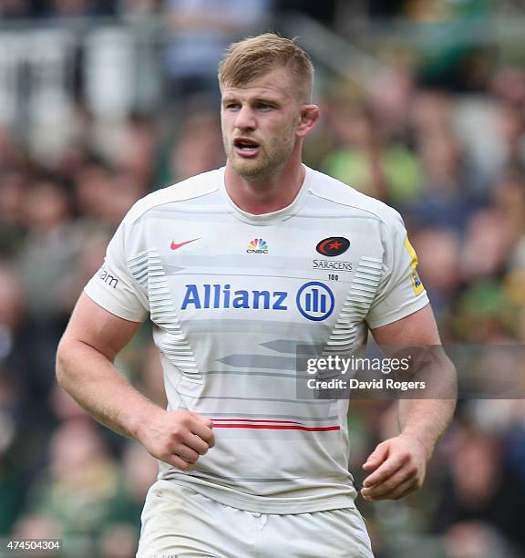 George Kruis of Saracens looks on during the Aviva Premiership play off semi final match between Northampton Saints and Saracens at Franklin's...