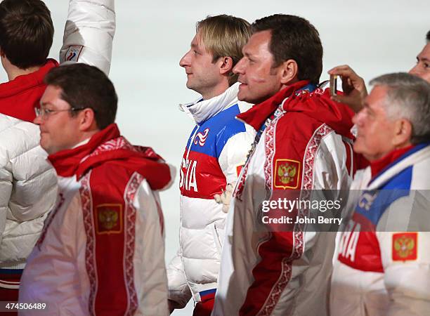 Gold medalist Evgeni Plushenko of Russia enters the stadium during the 2014 Sochi Winter Olympics Closing Ceremony at Fisht Olympic Stadium on...