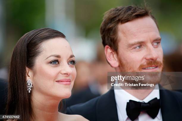 Actors Marion Cotillard and Michael Fassbender attend the Premiere of "Macbeth" during the 68th annual Cannes Film Festival on May 23, 2015 in...