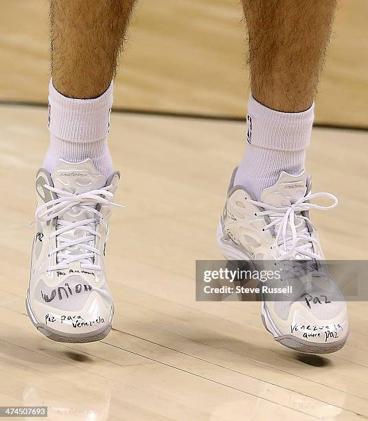 Toronto Raptors point guard Greivis Vasquez's shoes read "Paz" and "Venezuela quiere paz" and "Paz para Venezuela" as his country has been embroiled...