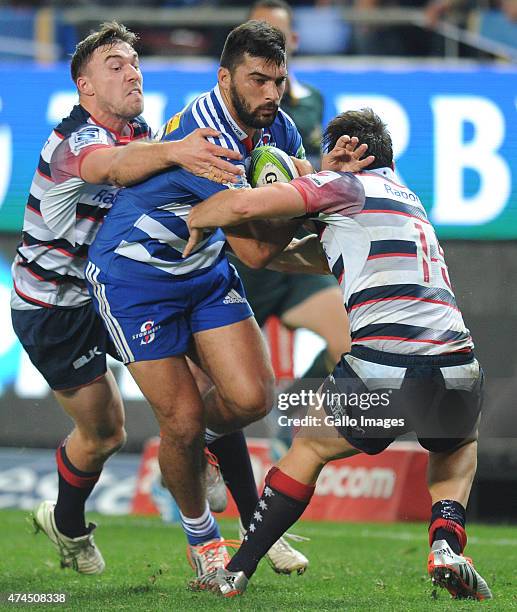 Damian de Allende of the Stormers in action during the Super Rugby match between DHL Stormers and Melbourne Rebels at DHL Newlands Stadium on May 23,...