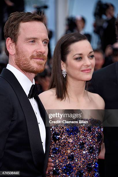 Actors Michael Fassbender and Marion Cotillard attend the Premiere of "Macbeth" during the 68th annual Cannes Film Festival on May 23, 2015 in...