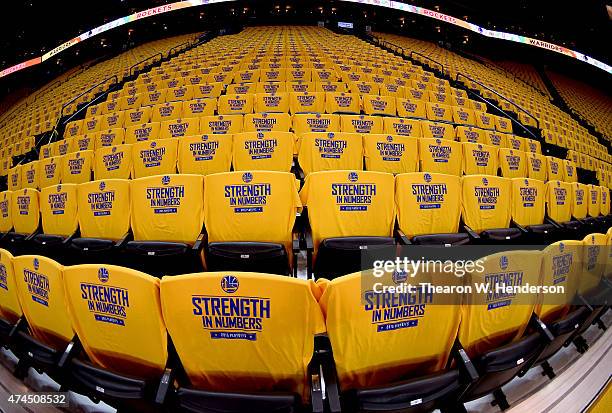 Detailed view of the seats covered with t-shirts that read "Strength In Numbers" prior to Game Two of the Western Conference Finals of the NBA...