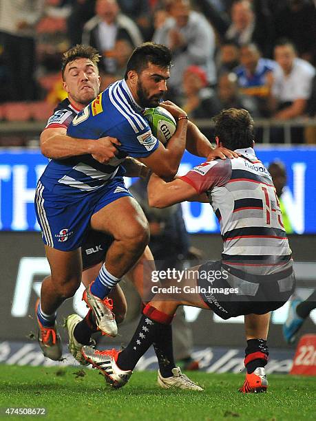 Damian de Allende of the Stormers in action during the Super Rugby match between DHL Stormers and Melbourne Rebels at DHL Newlands Stadium on May 23,...