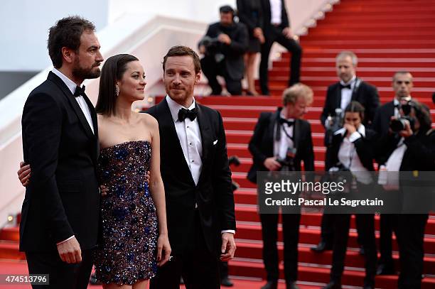 Actors Michael Fassbender, Marion Cotillard and Director Justin Kurzel attend the "Macbeth" Premiere during the 68th annual Cannes Film Festival on...