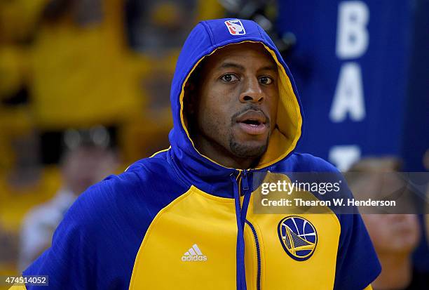 Andre Iguodala of the Golden State Warriors warms up prior to playing the Houston Rockets in Game Two of the Western Conference Finals of the NBA...