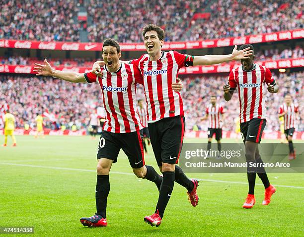 Andoni Iraola of Athletic Club celebrates with his teammate Aritz Aduriz of Athletic Club after scoring his team's second goal during the La Liga...