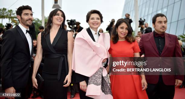 Italian actress and director and President of the Un Certain Regard Jury Isabella Rossellini poses with jury members French actor Tahar Rahim , Saudi...