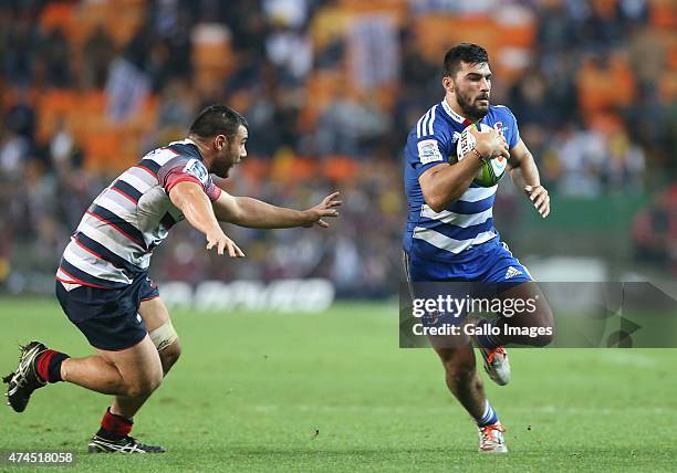 Damian de Allende of the Stormers in action during the Super Rugby match between DHL Stormers and Melbourne Rebels at DHL Newlands Stadium on May 23,...