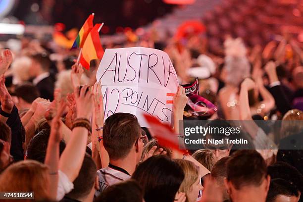 Fans are pictured during the final of the Eurovision Song Contest 2015 on May 23, 2015 in Vienna, Austria. The final of the Eurovision Song Contest...