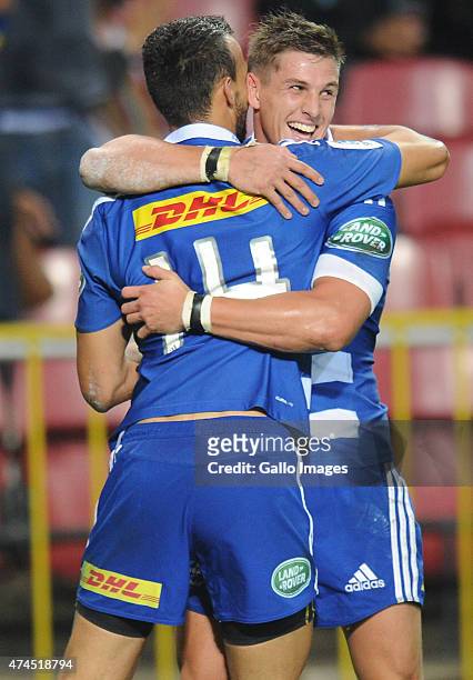 Louis Schreuder and Dillyn Leyds of the Stormers celebrate during the Super Rugby match between DHL Stormers and Melbourne Rebels at DHL Newlands...