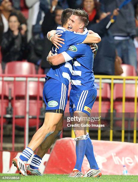 Dillyn Leyds and Louis Schreuder of the Stormers celebrate during the Super Rugby match between DHL Stormers and Melbourne Rebels at DHL Newlands...
