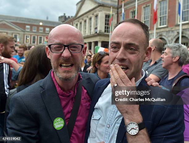 An emotional gay couple celebrate in Dublin Castle Square as the result of the referendum is relayed on May 23, 2015 in Dublin, Ireland. Voters in...