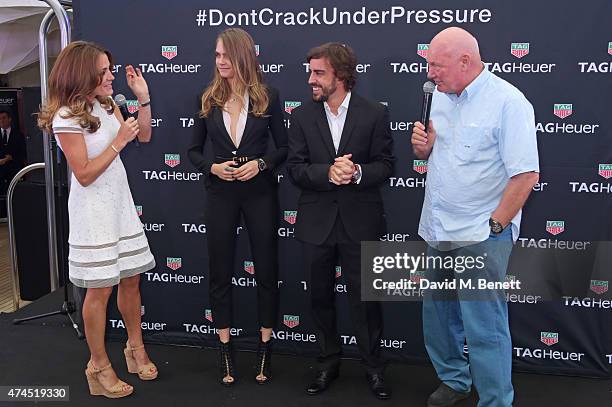 Natalie Pinkham, brand ambassadors Cara Delevingne and Fernando Alonso and Jean-Claude Biver, CEO of TAG Heuer, attend the TAG Heuer Monaco Party on...