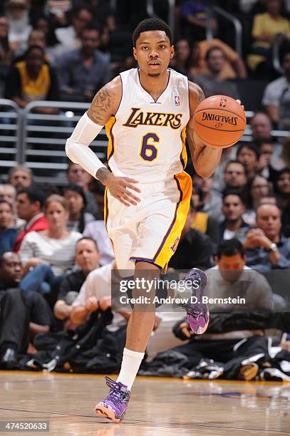 Kent Bazemore of the Los Angeles Lakers handles the ball against the Brooklyn Nets at STAPLES Center on February 23, 2014 in Los Angeles, California....