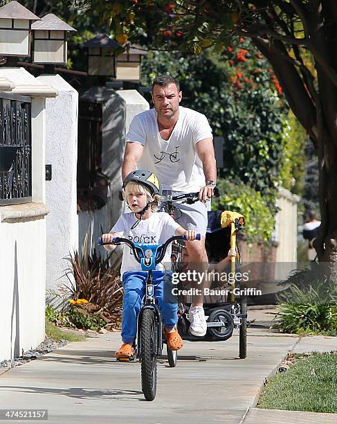 Liev Schreiber with Alexander Schreiber and Samuel Schreiber are seen on February 23, 2014 in Los Angeles, California.