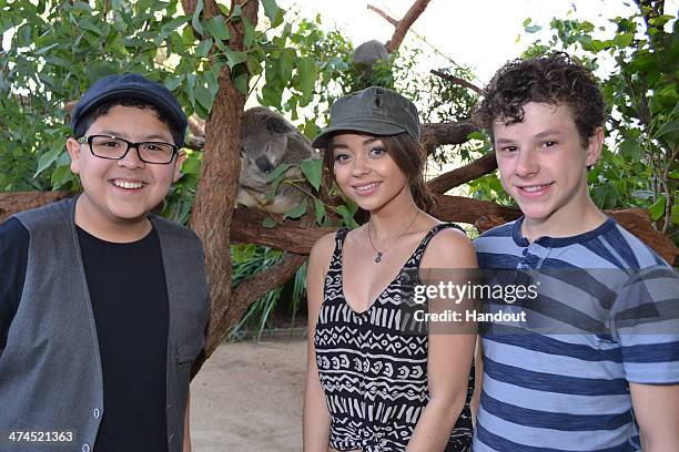 In this handout photo provided by WILD LIFE Sydney Zoo, actors Rico Rodriguez, Sarah Hyland and Nolan Gould of "Modern Family" visit the Sydney Zoo...