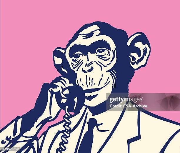 monkey on the telephone - chimpanzee stock illustrations