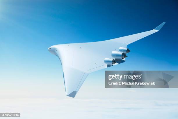 futuristic passenger airplane with blended wing body design - bulk test stock pictures, royalty-free photos & images