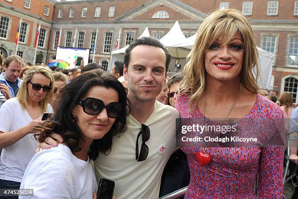 Comedian Deirdre O'Kane, actor Andew Scott and Panti Bliss celebrate a landslide victory of a Yes vote after a referendum on same sex marriage was...