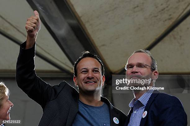 Minsister Leo Varadkar and Simon Coveney TD celebrate a landslide victory of a Yes vote after a referendum on same sex marriage was won by popular...