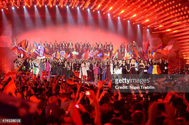 All participants stand on stage during the final of the Eurovision Song Contest 2015 on May 23, 2015 in Vienna, Austria. The final of the Eurovision...