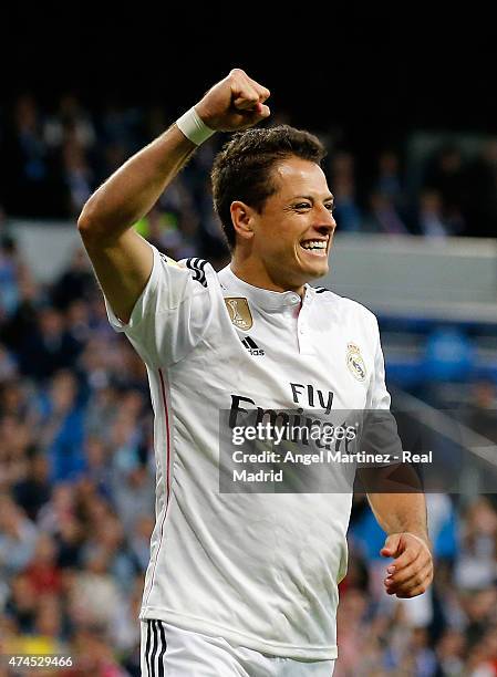 Javier 'Chicharito' Hernandez of Real Madrid celebrates after scoring his team's fourth goal during the La Liga match between Real Madrid CF and...