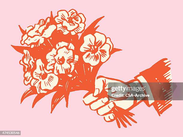 illustrazioni stock, clip art, cartoni animati e icone di tendenza di mano con bouquet di fiori - bouquet fiori