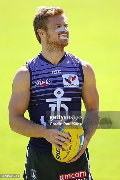 Colin Sylvia looks on during a Fremantle Dockers AFL training session at Fremantle Oval on February 24, 2014 in Fremantle, Australia.