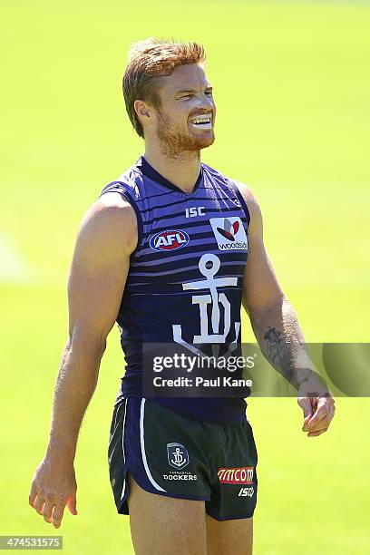 Colin Sylvia looks on during a Fremantle Dockers AFL training session at Fremantle Oval on February 24, 2014 in Fremantle, Australia.