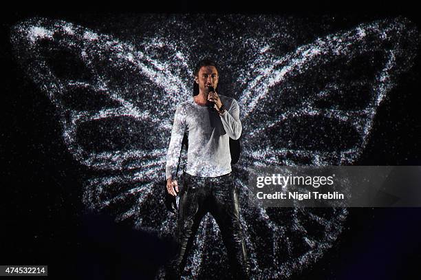 Mans Zelmerloew of Sweden performs on stage during the final of the Eurovision Song Contest 2015 on May 23, 2015 in Vienna, Austria. The final of the...