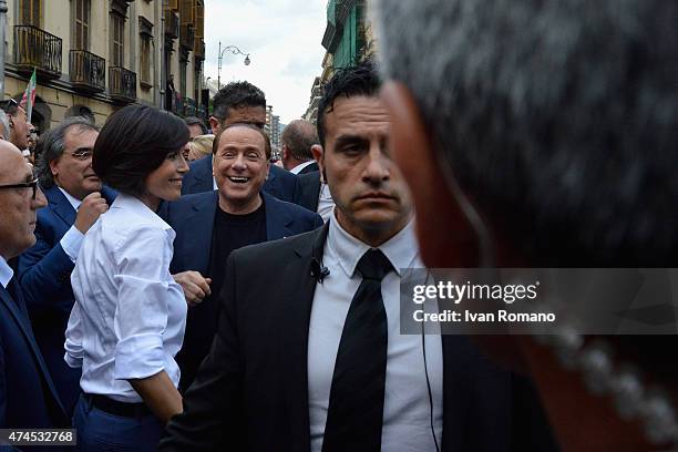 Former Minister of Equal Opportunities Mara Carfagna greets Forza Italia president Silvio Berlusconi during his visit to Salerno in support of the...