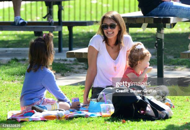 Jessica Alba is seen at Coldwater Canyon Park with her daughters, Haven Garner Warren and Honor Marie Warren on February 23, 2014 in Los Angeles,...