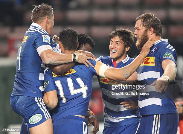 The Stormers celebrate during the Super Rugby match between DHL Stormers and Melbourne Rebels at DHL Newlands Stadium on May 23, 2015 in Cape Town,...