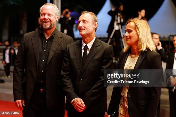 Actor Dan Warner, Director Guillaume Nicloux and guest attend the Premiere of "Valley Of Love" during the 68th annual Cannes Film Festival on May 23,...