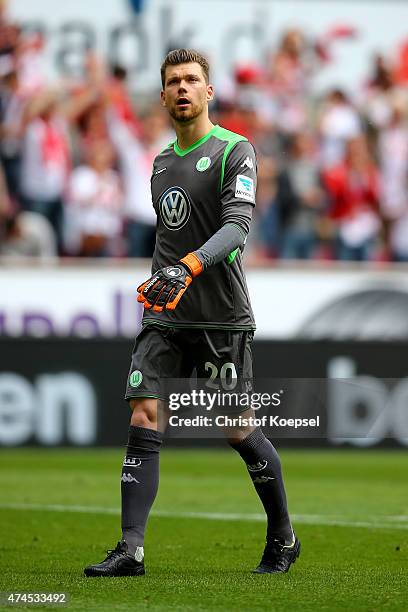 Max Gruen of Wolfsburg looks on during the Bundesliga match between 1. FC Koelan and VfL Wolfsburg at RheinEnergieStadion on May 23, 2015 in Cologne,...