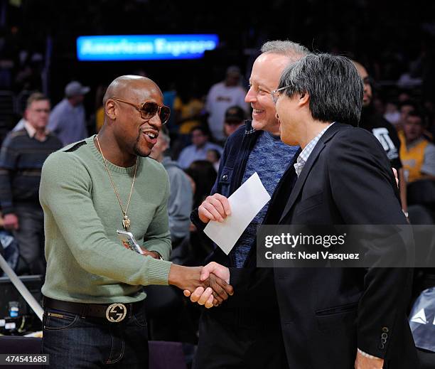 Floyd Mayweather Jr. Greets Patrick Soon-Shiong at a basketball game between the Brooklyn Nets and the Los Angeles Lakers at Staples Center on...