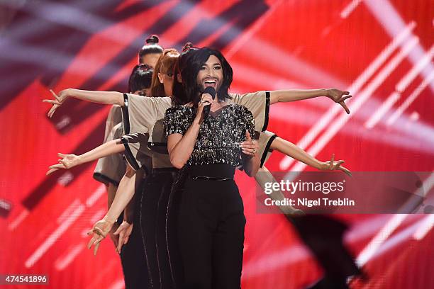 Conchita Wurst performs on stage during the final of the Eurovision Song Contest 2015 on May 23, 2015 in Vienna, Austria. The final of the Eurovision...